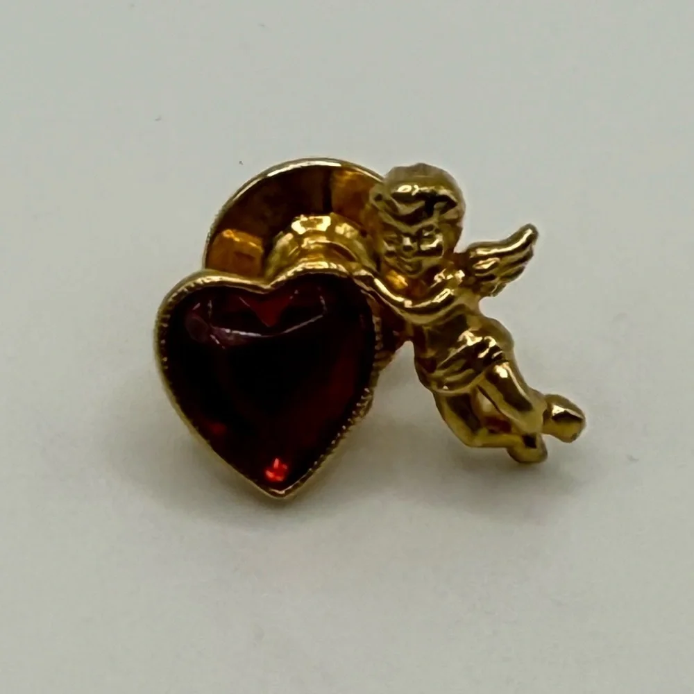 Vintage Avon Cupid Heart Pin Gold Tone Red Heart Brooch